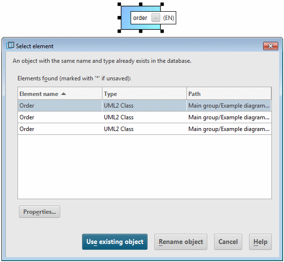Create dialog after entering the name of existing elements