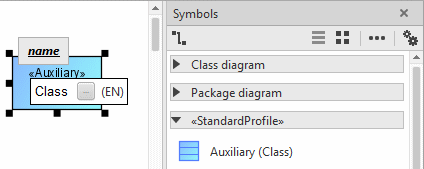 Symbols bar with stereotype symbols and creation of a stereotyped class using a corresponding symbol