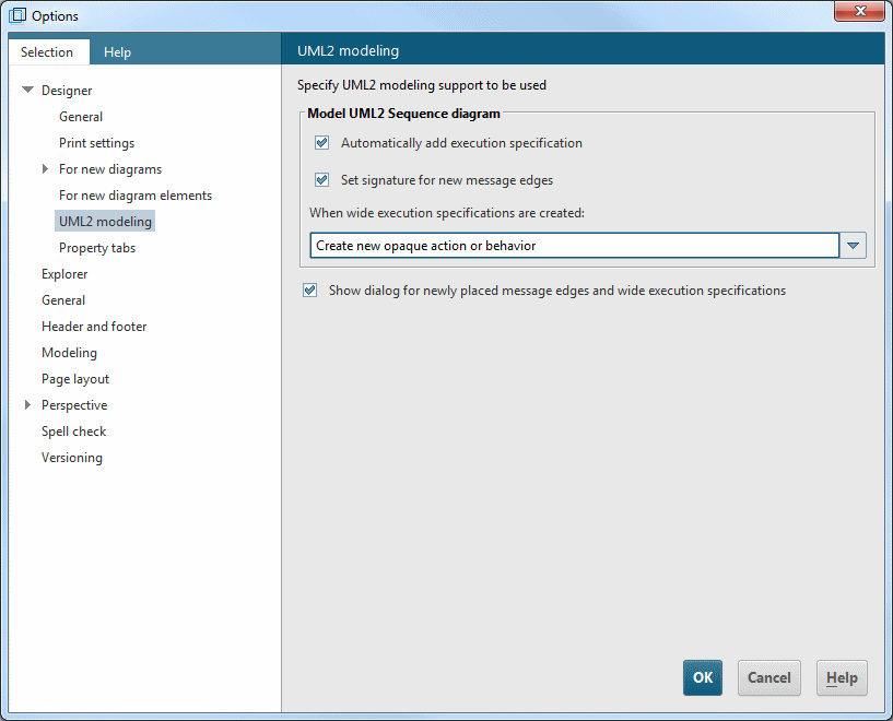Designer > UML2 Modeling options page