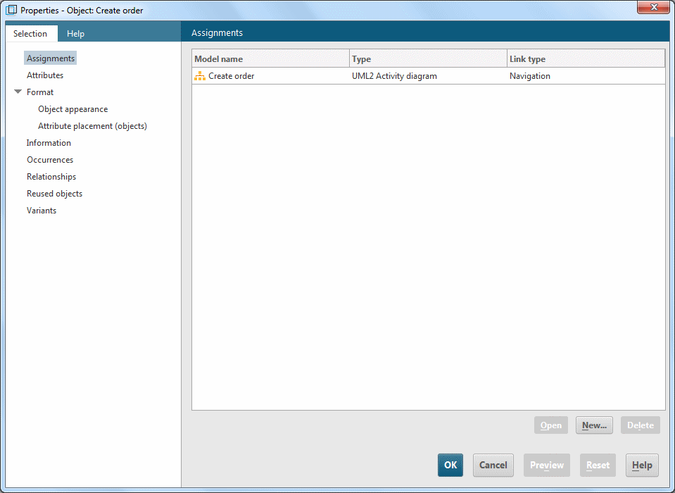 Assigned UML diagram in the Properties dialog for the ARIS object