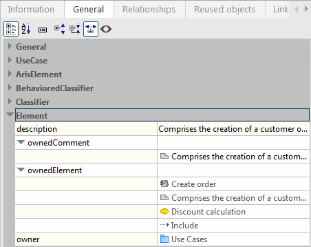 General properties page with display of derived properties