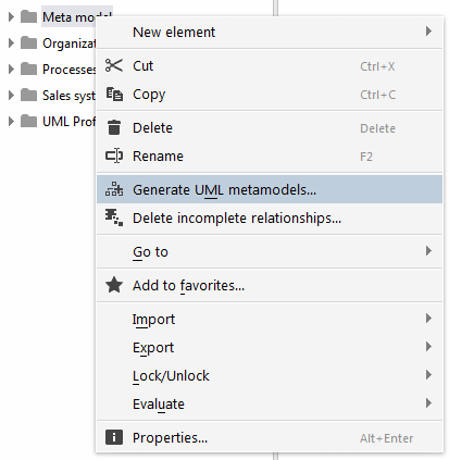 Launching the UML metamodel generator in the pop-up menu for a group