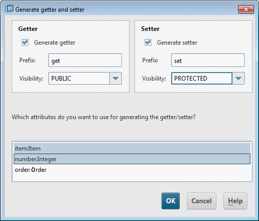 Generate getter and setter dialog