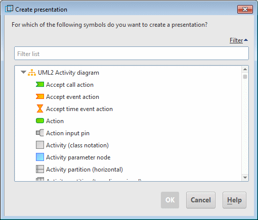 Dialog for selecting the symbol