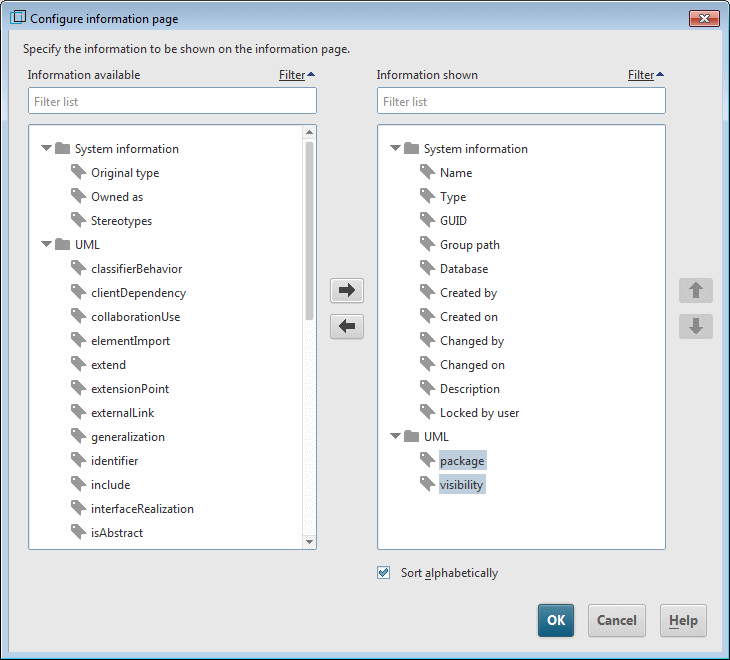 Information properties page configuration