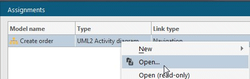 Pop-up menu item in ARIS Architect / ARIS Designer for opening a UML diagram