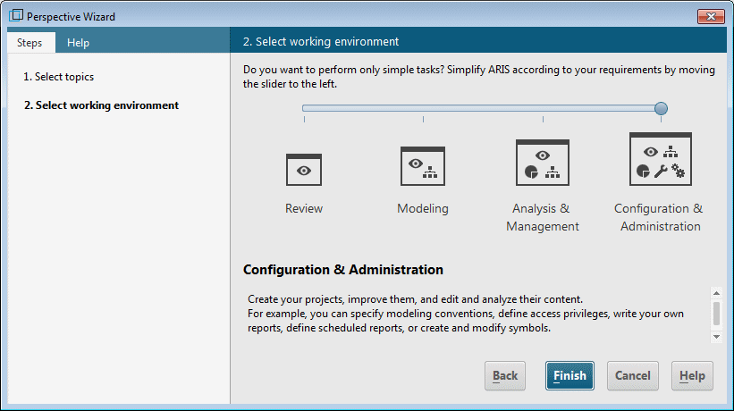 Working environments in the Perspective Wizard