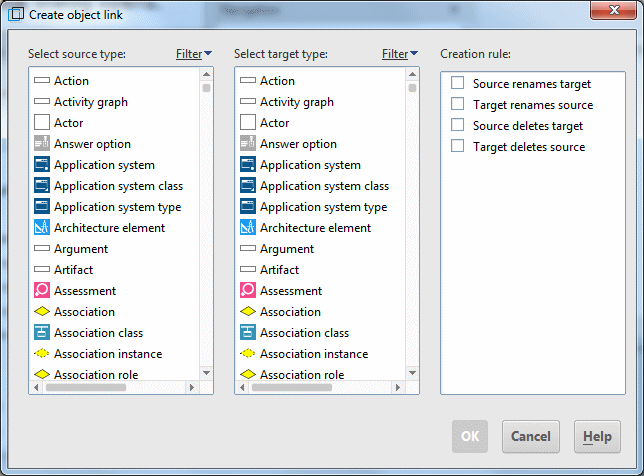 Dialog for creating a new object link definition