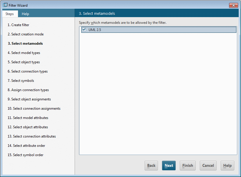 Selecting the UML 2.5 metamodel in the Filter Wizard