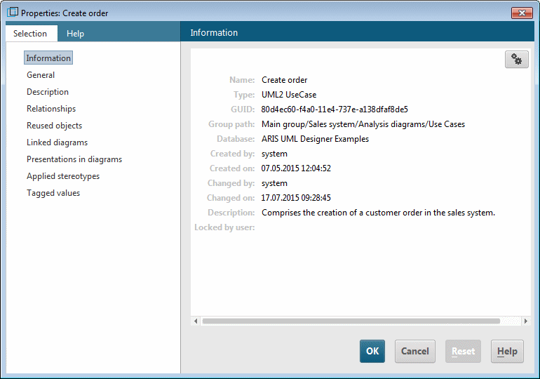 Properties dialog for a UML element