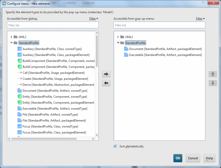 Configuration dialog for creating new elements in a package to which the standard profile is assigned