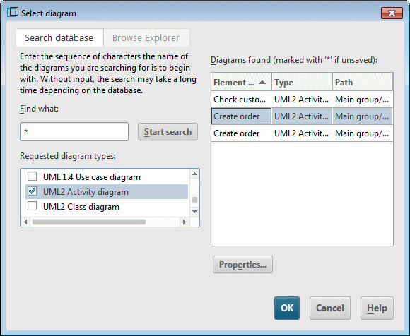 Diagram selection by searching in the database
