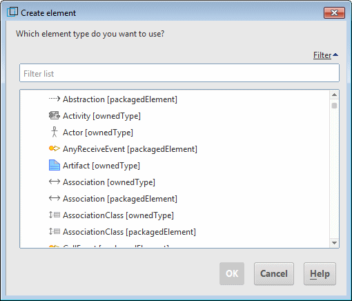 Dialog showing element types that are not included in the pop-up menu