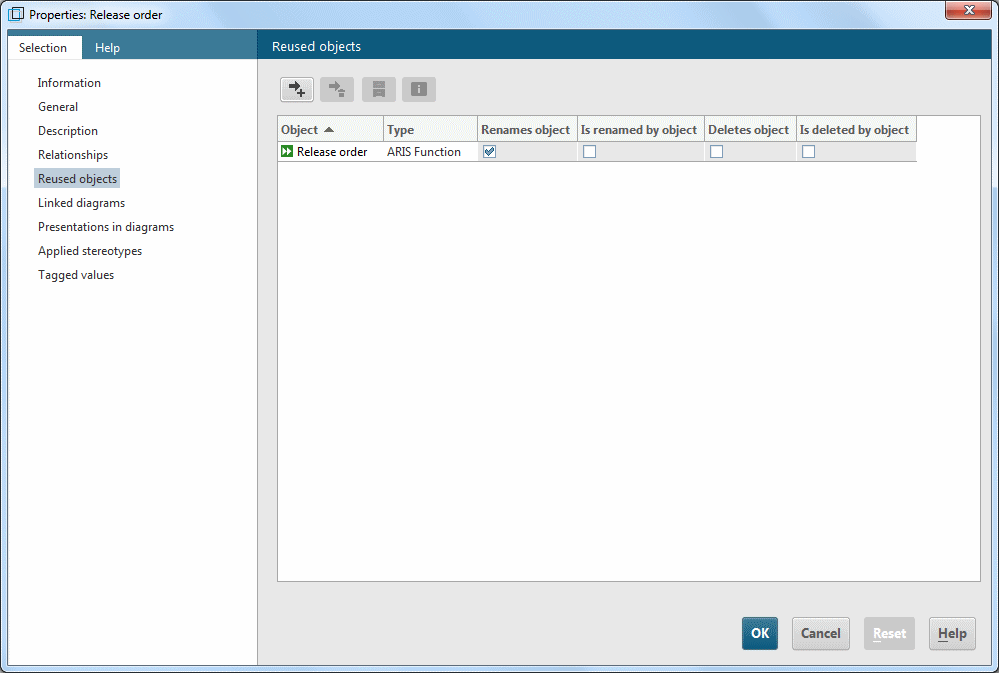 Reused objects properties page in ARIS UML Designer