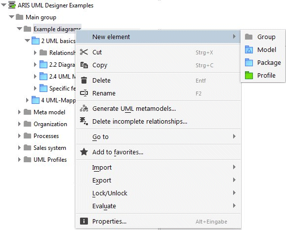 Pop-up menu for creating a new element in a group