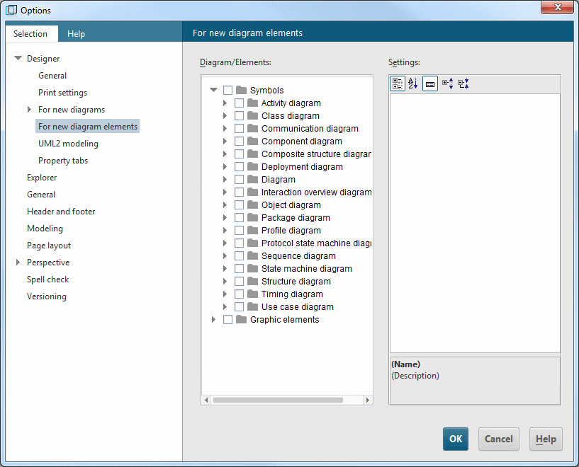 Designer > For new diagram elements options page