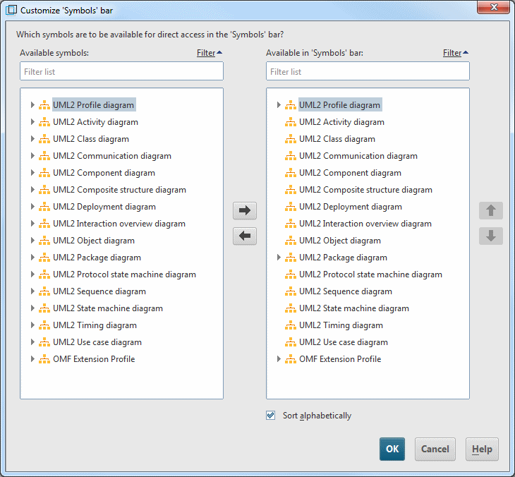 Dialog for configuration of the Symbols bar