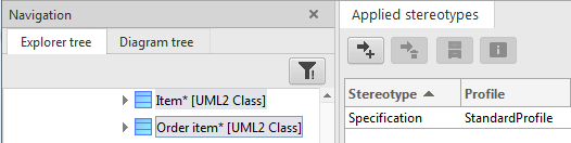 Applied stereotypes properties page for two selected classes