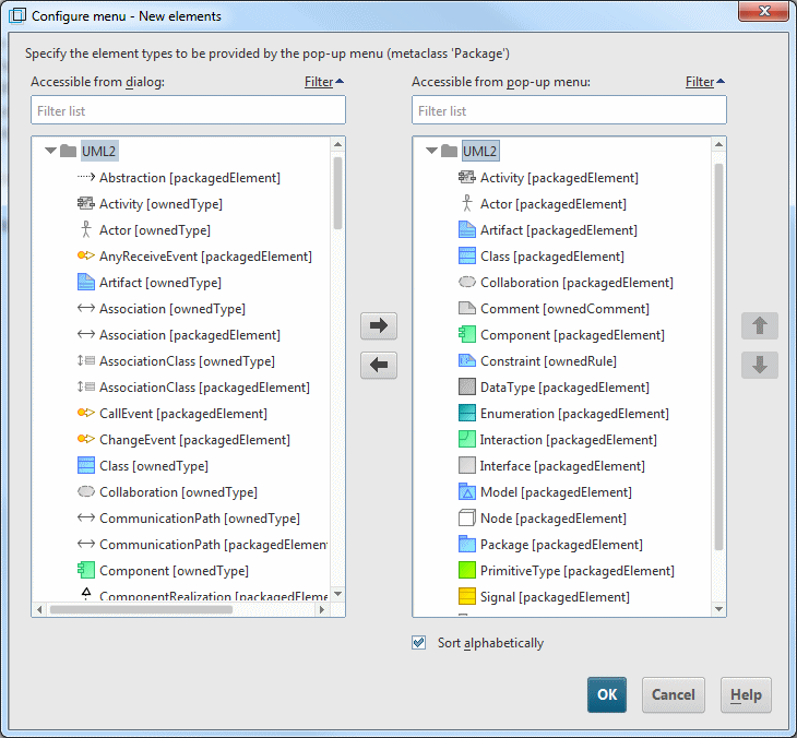 Dialog for configuring the New model element submenu