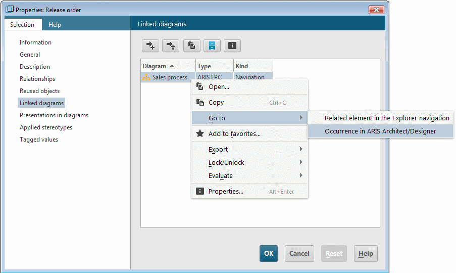 Menu items for navigation and opening an ARIS model assigned to a UML element
