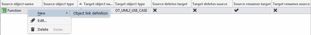 Pop-up menu items for editing object link definitions