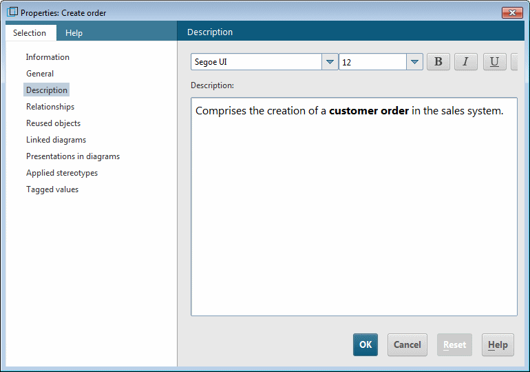 Properties page for displaying and editing the element description