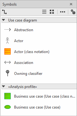 Symbols bar in a Use case diagram when using the profile