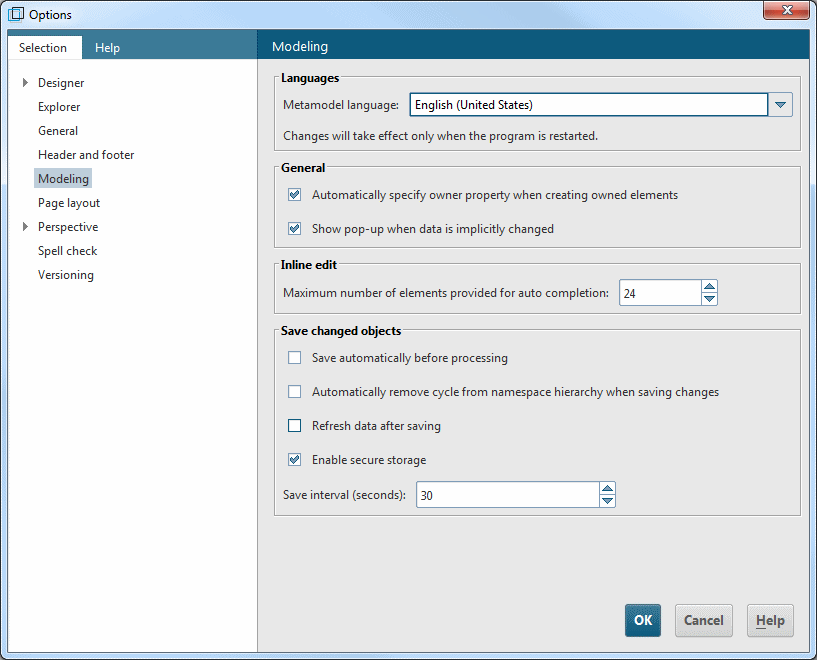 Modeling options page