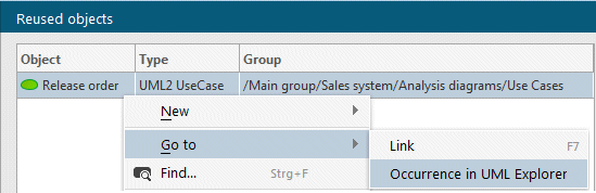 Pop-up menu item for navigation to the linked UML element
