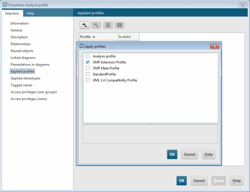 Assigning the predefined OMF Extension Profile to the user-defined Analysis profile