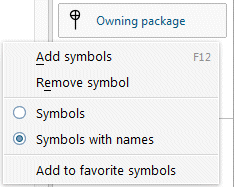 Pop-up menu in the Symbols bar