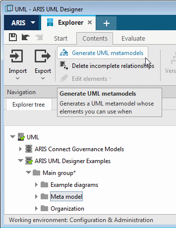 Launching the UML metamodel generator in the Contents tab bar for a selected group