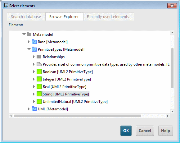Selecting the primitive data type String from the PrimitiveTypes metamodel